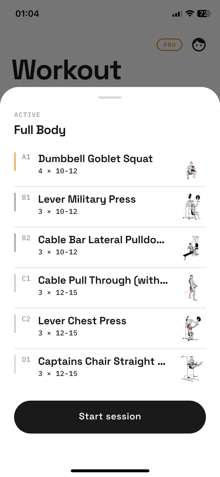 A full workout, exercise by exercise
